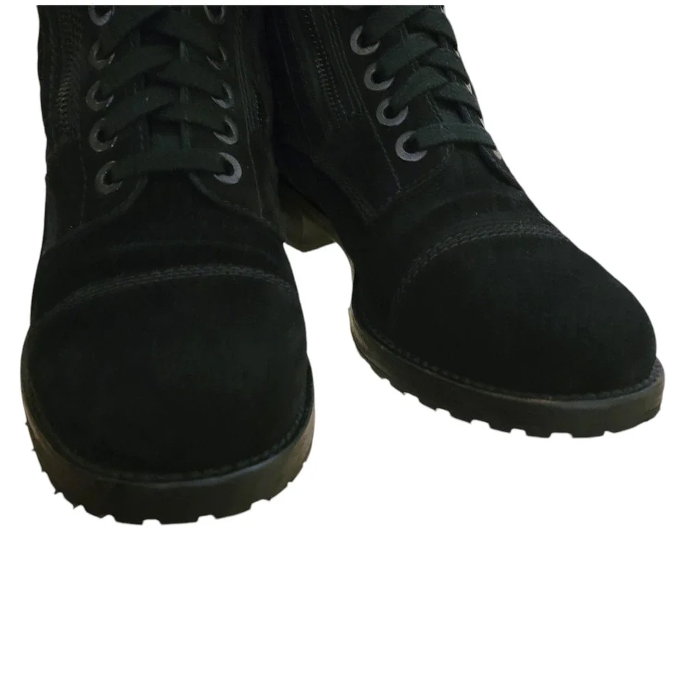 Chanel Ankle Quilted Suede Combat Boots Moto Lace Up CC Logo Black 37 US 6.5